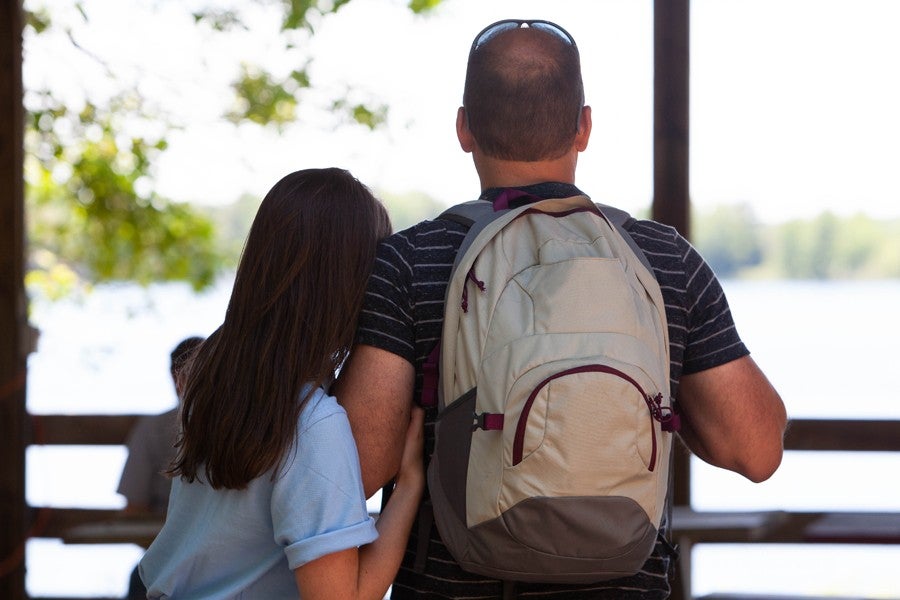 Parent and Student Overlook Green Lake at Interlochen Arts Camp