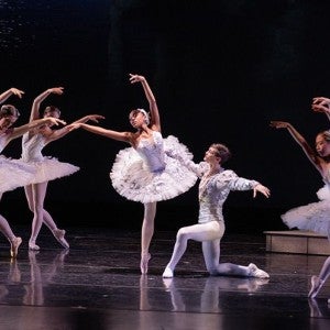 Odette, her maidens, and Prince Siegfried at the lake.