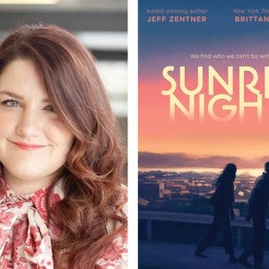 A collage image of Bri Cavallaro's professional author photo alongside the cover of her book 'Sunrise Nights', which shows a boy and a girl walking together in front of a sunrise.