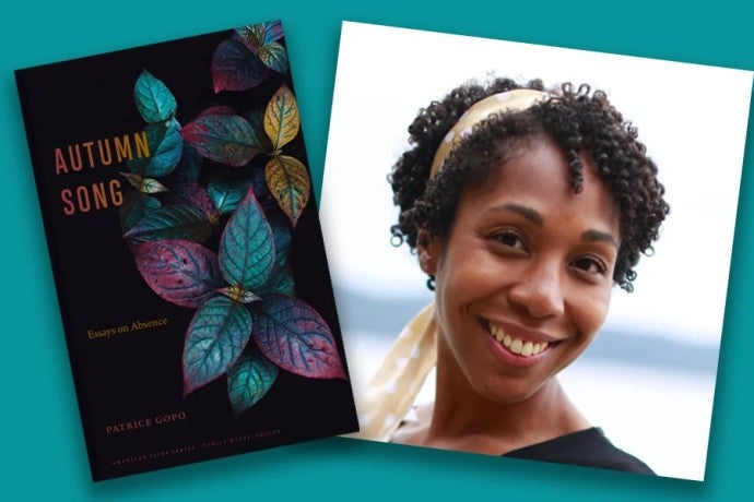 The cover art for "Autumn Song: Essays on Absence" and a headshot of author Patrice Gopo