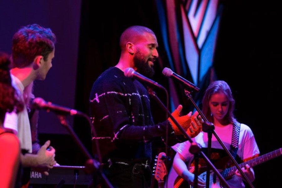 Sydney James Harcourt with Arts Academy students at National Sawdust