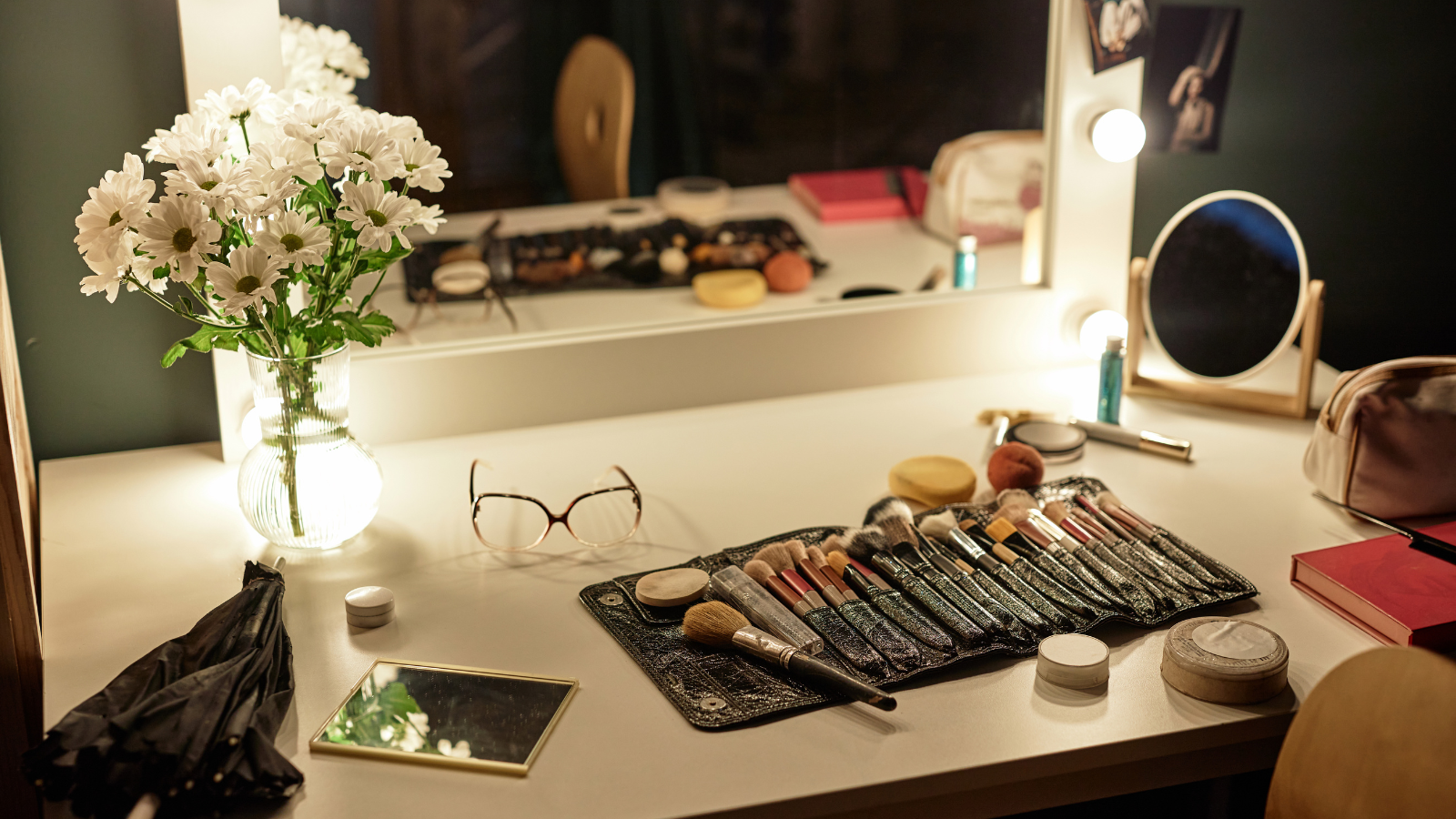 A makeup table backstage